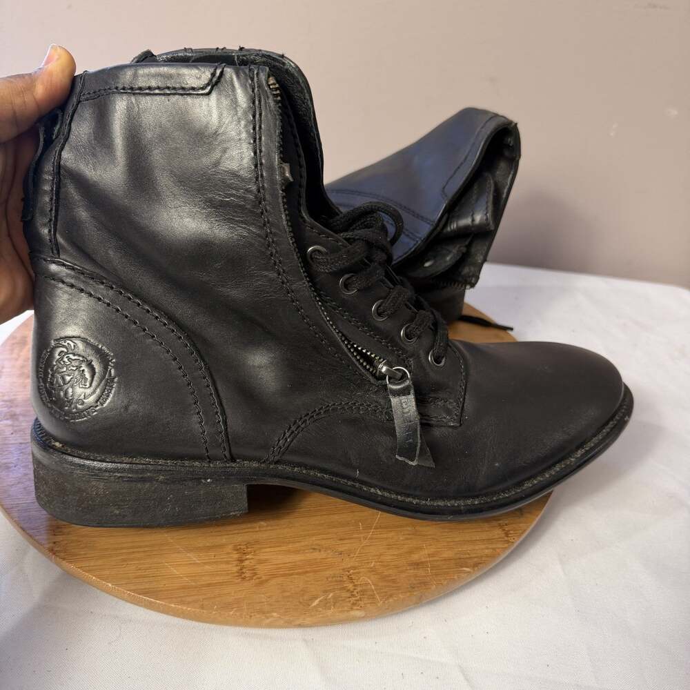 Diesel The Pit Boots Men's Black EU 45 / US 12 Leather Lace-Up Zipper Moto Shoes